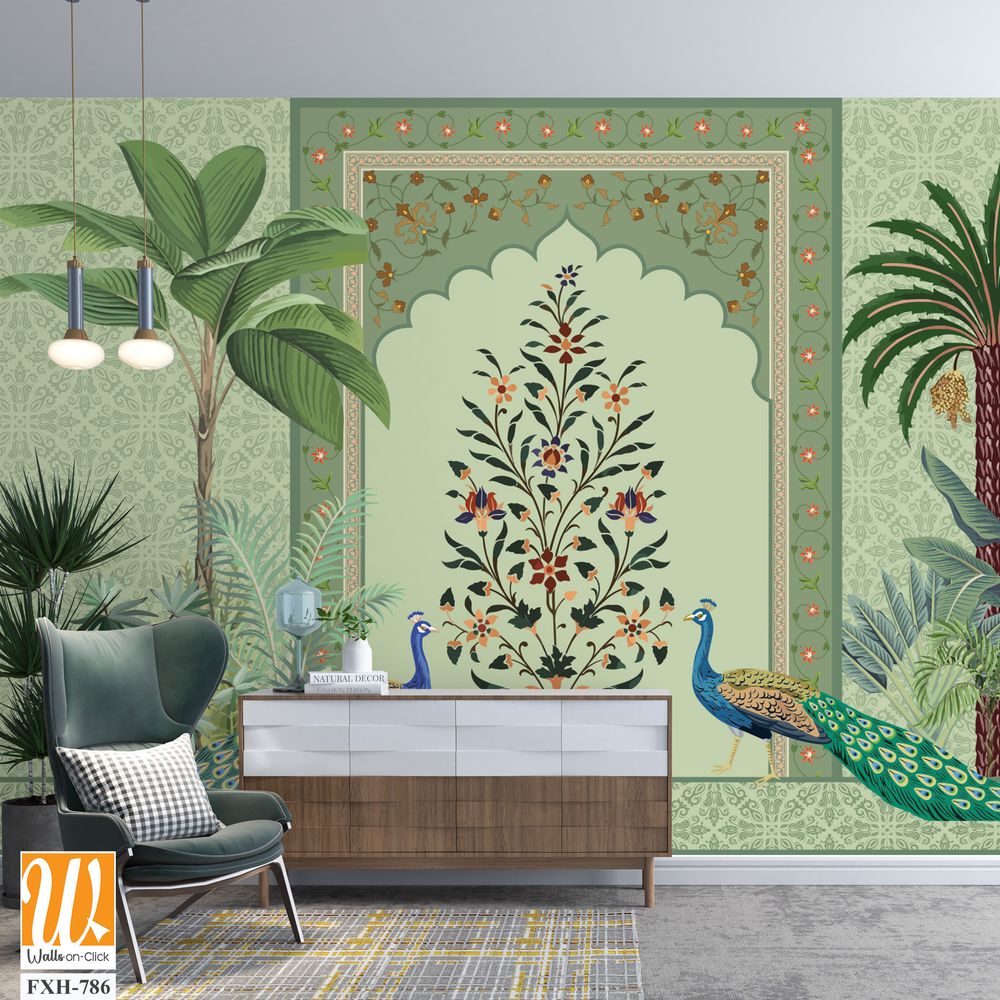 Traditional Mughal Wall Mural Wallpaper, Seamless Wallpaper Design, Mughal Arch with Flower, Peacock, Trees. [WP-FXH-786]