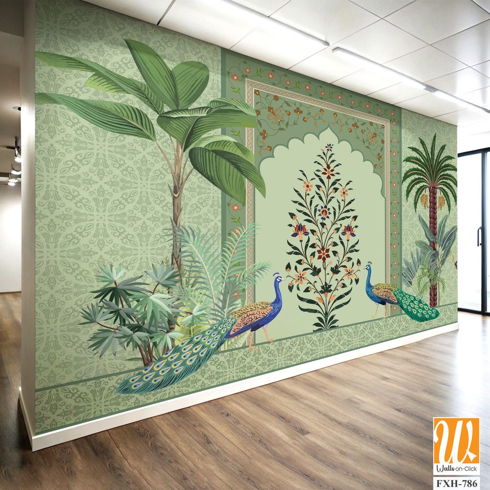 Traditional Mughal Wall Mural Wallpaper, Seamless Wallpaper Design, Mughal Arch with Flower, Peacock, Trees. [WP-FXH-786]