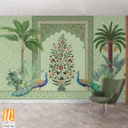Traditional Mughal Wall Mural Wallpaper, Seamless Wallpaper Design, Mughal Arch with Flower, Peacock, Trees. [WP-FXH-786]
