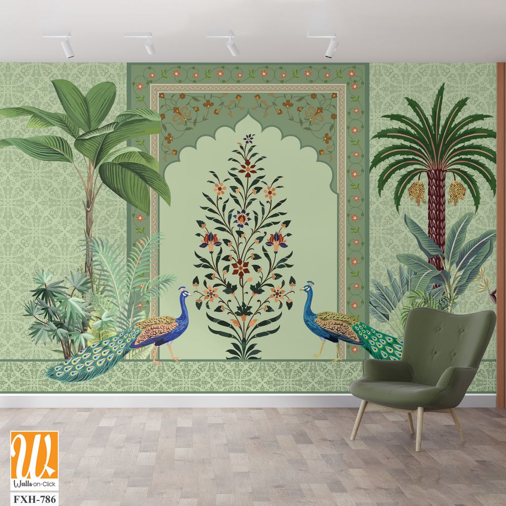 Traditional Mughal Wall Mural Wallpaper, Seamless Wallpaper Design, Mughal Arch with Flower, Peacock, Trees. [WP-FXH-786]