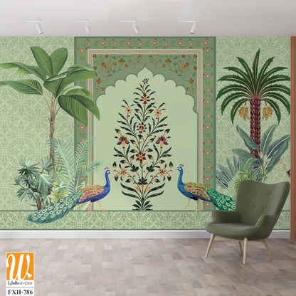 Traditional Mughal Wall Mural Wallpaper, Seamless Wallpaper Design, Mughal Arch with Flower, Peacock, Trees. [WP-FXH-786]