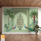 Traditional Mughal Wall Mural Wallpaper, Seamless Wallpaper Design, Mughal Arch with Flower, Peacock, Trees. [WP-FXH-786]