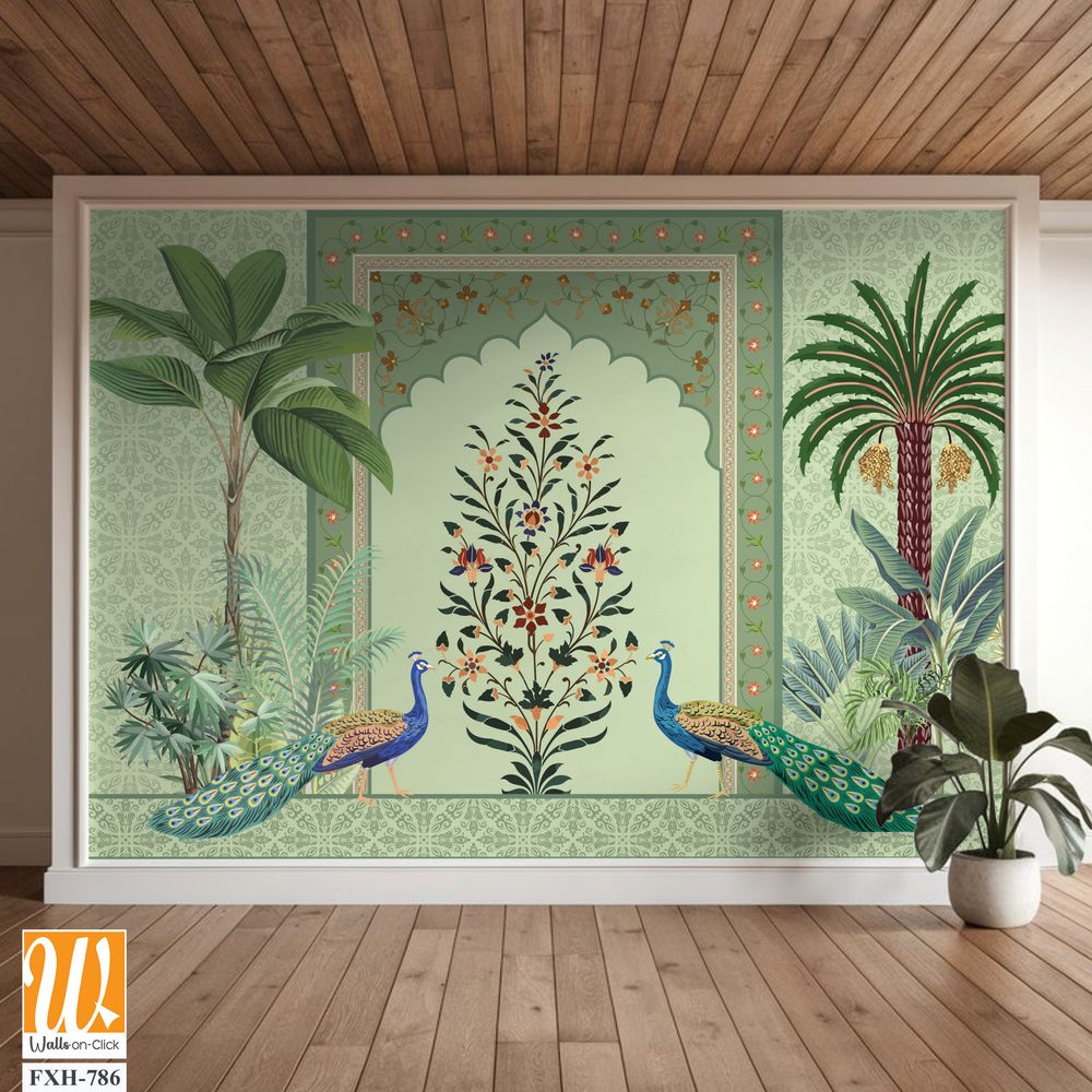 Traditional Mughal Wall Mural Wallpaper, Seamless Wallpaper Design, Mughal Arch with Flower, Peacock, Trees. [WP-FXH-786]