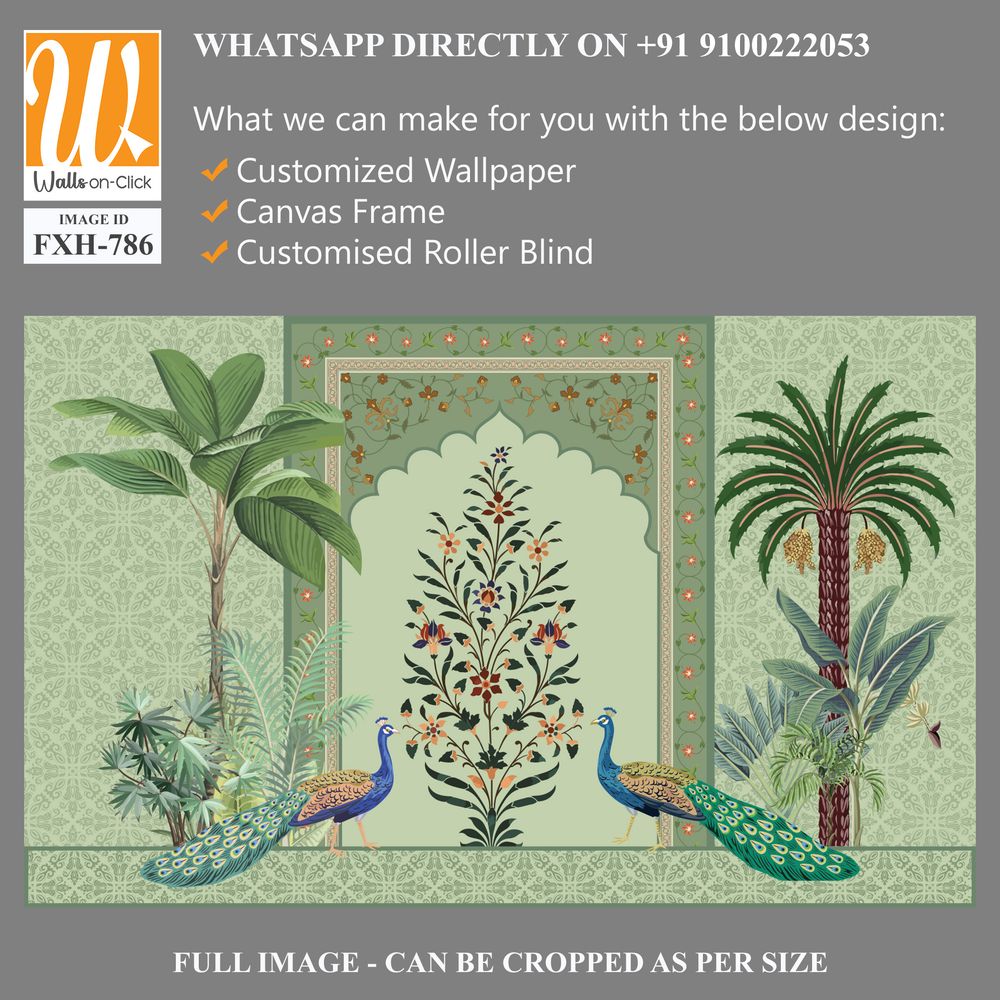 Traditional Mughal Wall Mural Wallpaper, Seamless Wallpaper Design, Mughal Arch with Flower, Peacock, Trees. [WP-FXH-786]