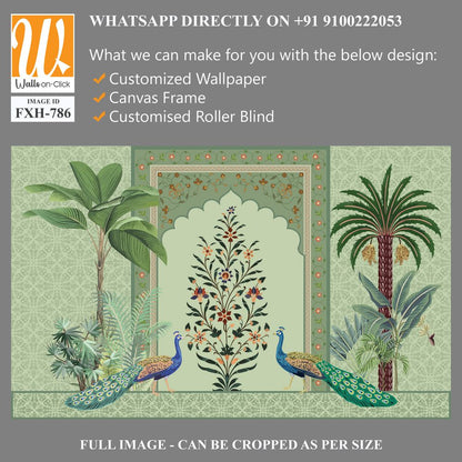 Traditional Mughal Wall Mural Wallpaper, Seamless Wallpaper Design, Mughal Arch with Flower, Peacock, Trees. [WP-FXH-786]