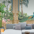 Traditional Andalusian garden design pattern with arch, palm tree, parrot, bird, peacock illustration [WP-FXH-789]