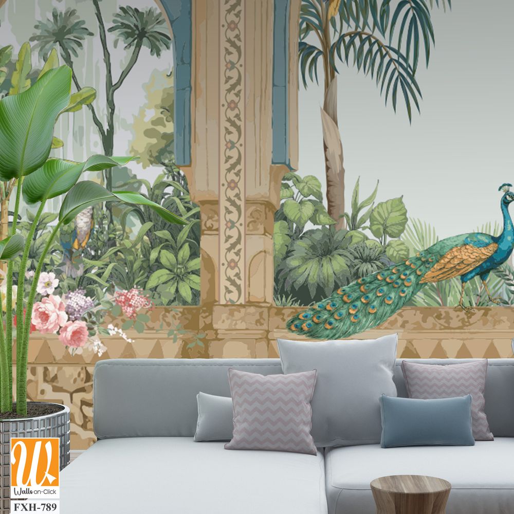 Traditional Andalusian garden design pattern with arch, palm tree, parrot, bird, peacock illustration [WP-FXH-789]