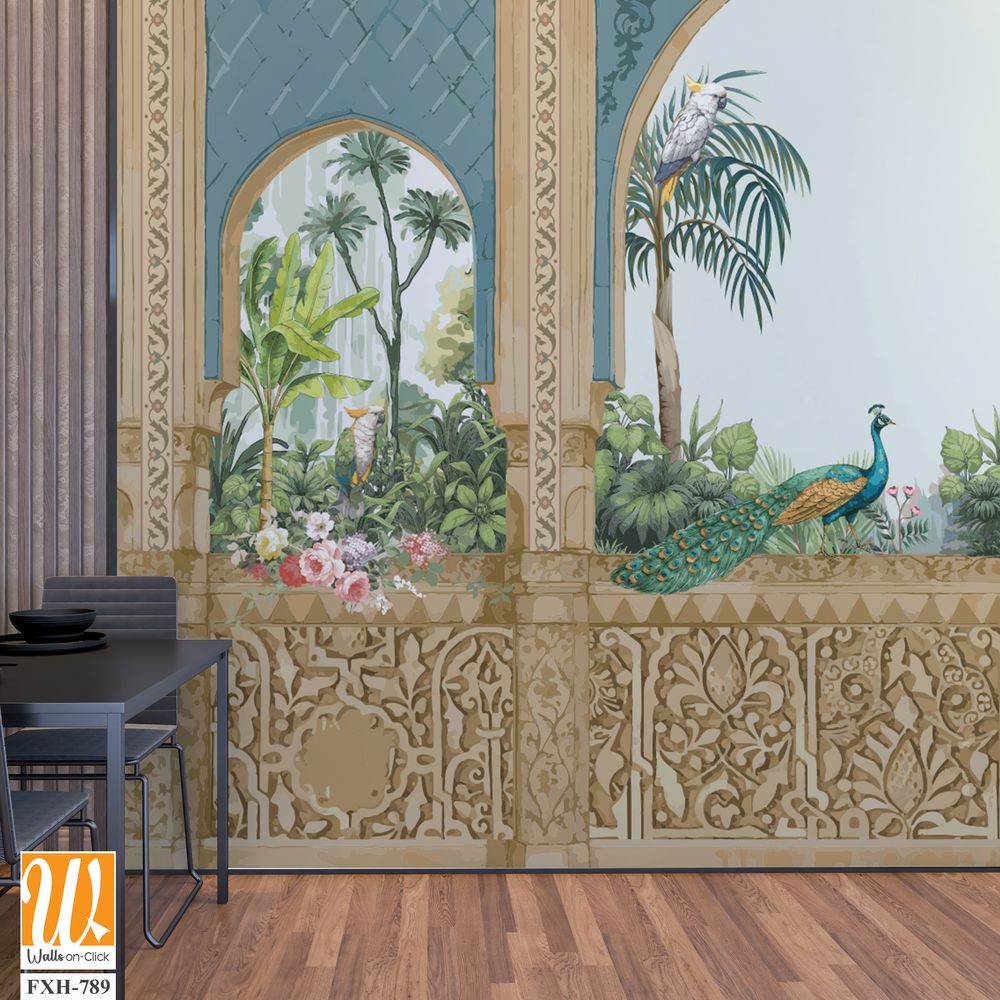 Traditional Andalusian garden design pattern with arch, palm tree, parrot, bird, peacock illustration [WP-FXH-789]