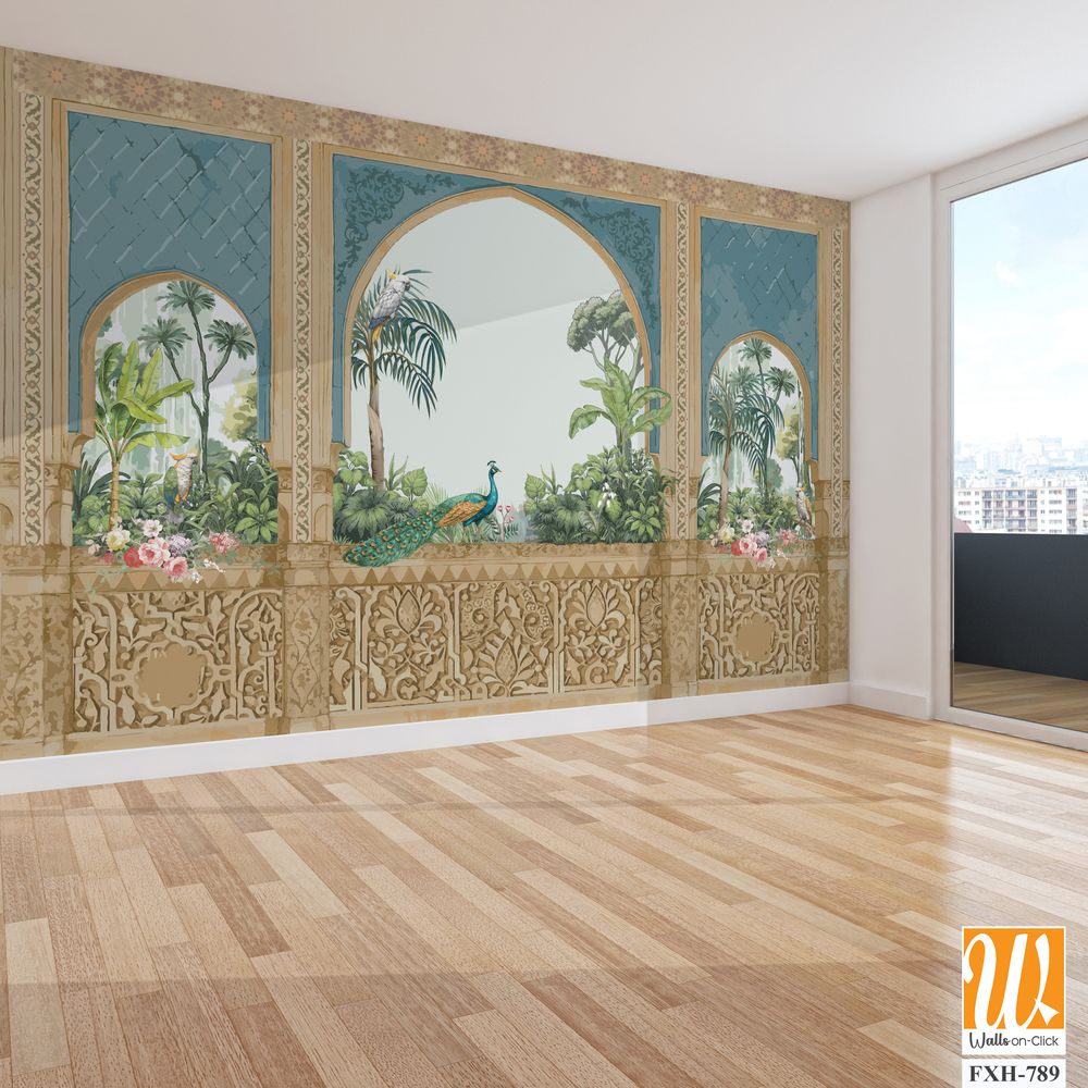 Traditional Andalusian garden design pattern with arch, palm tree, parrot, bird, peacock illustration [WP-FXH-789]