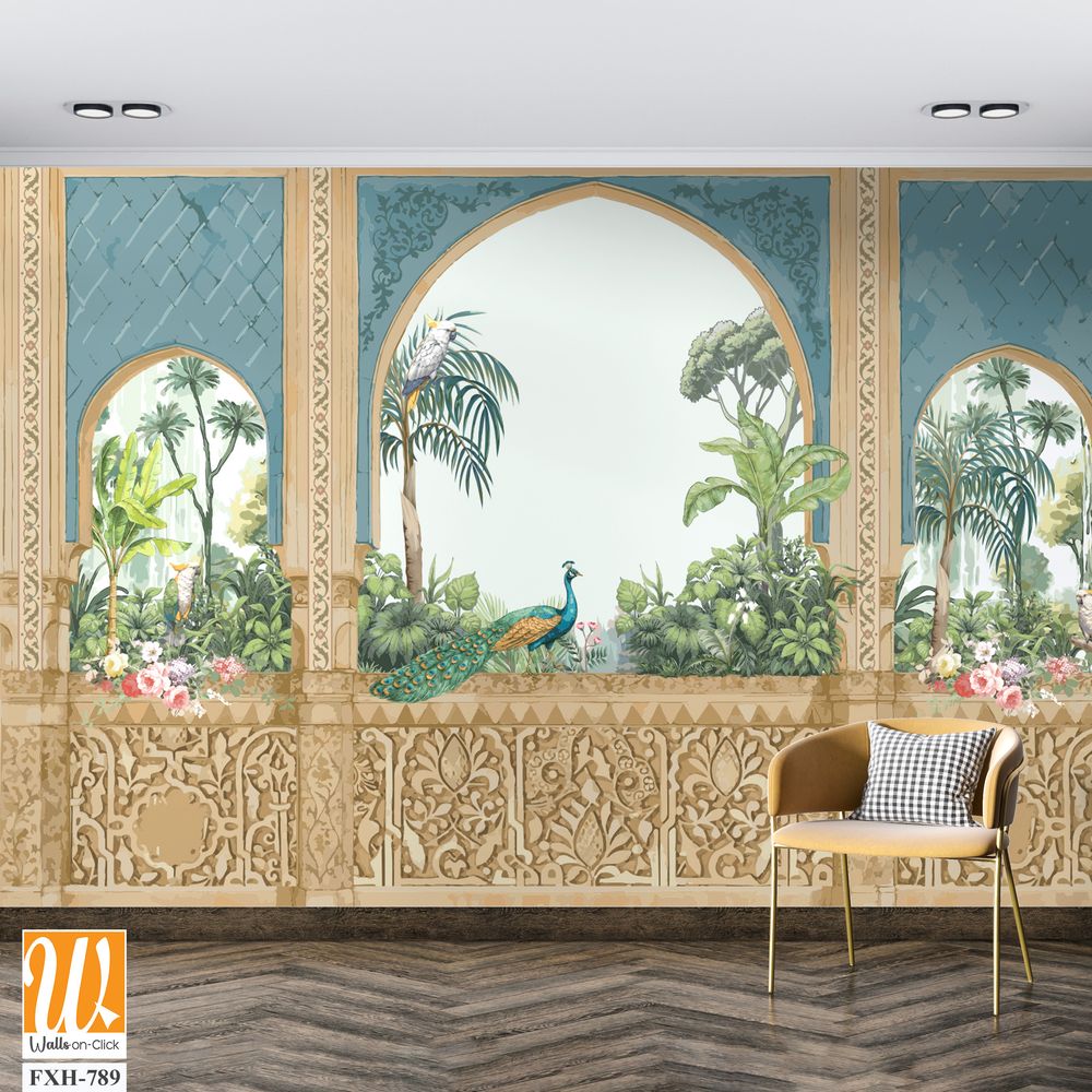 Traditional Andalusian garden design pattern with arch, palm tree, parrot, bird, peacock illustration [WP-FXH-789]
