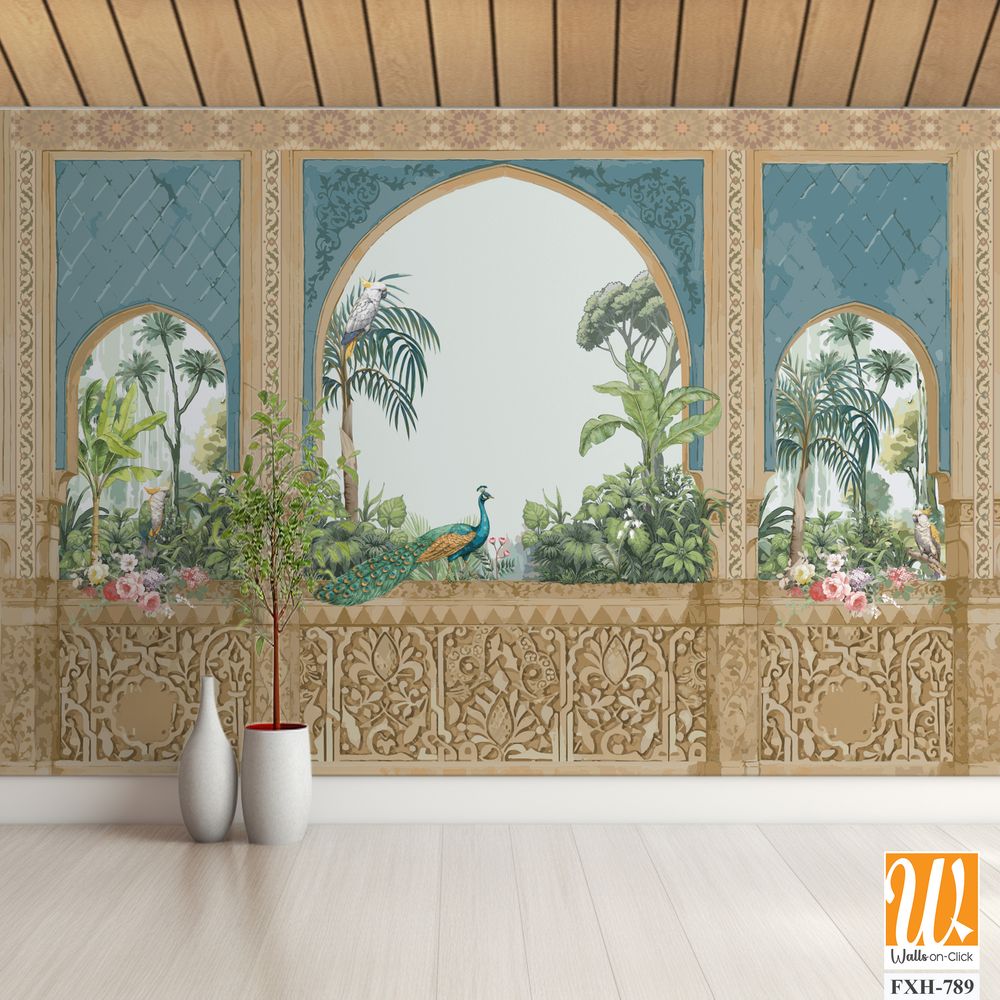Traditional Andalusian garden design pattern with arch, palm tree, parrot, bird, peacock illustration [WP-FXH-789]