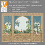 Traditional Andalusian garden design pattern with arch, palm tree, parrot, bird, peacock illustration [WP-FXH-789]