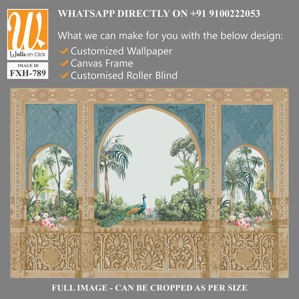 Traditional Andalusian garden design pattern with arch, palm tree, parrot, bird, peacock illustration [WP-FXH-789]