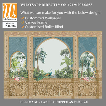 Traditional Andalusian garden design pattern with arch, palm tree, parrot, bird, peacock illustration [WP-FXH-789]