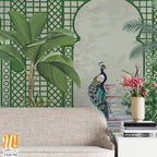 Decorative Wall Mural Design, Lattice Wall Design, Garden Wall Mural Design, Peacock, Tropical Plants. [WP-FXH-790]