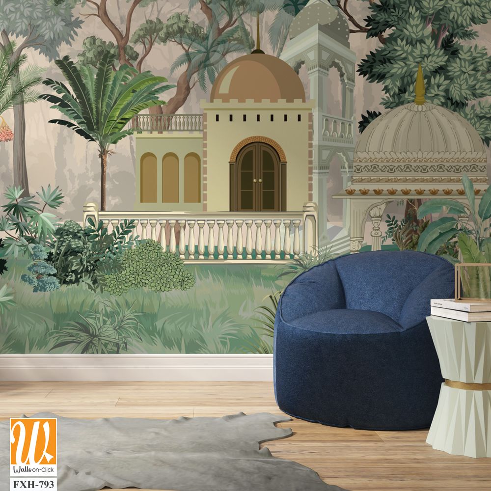 Traditional Mughal Wallpaper, Indian Painting Mughal Emperor And Empress Love Scene. Mughal wall Paintings, Mughal Miniature Paintings. [WP-FXH-793]