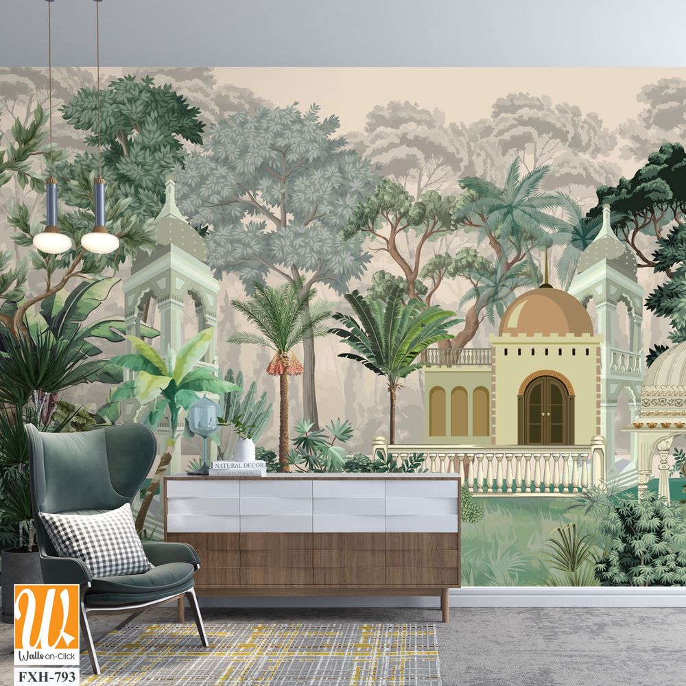 Traditional Mughal Wallpaper, Indian Painting Mughal Emperor And Empress Love Scene. Mughal wall Paintings, Mughal Miniature Paintings. [WP-FXH-793]