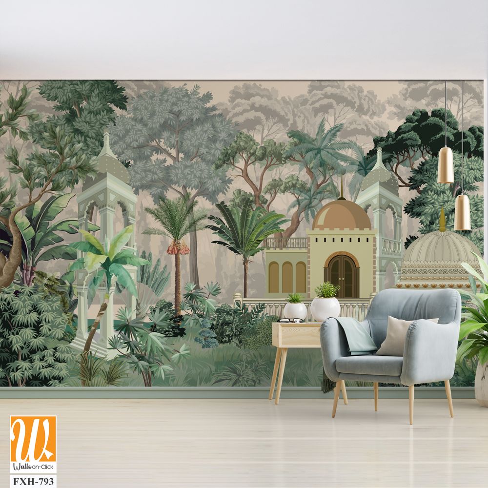 Traditional Mughal Wallpaper, Indian Painting Mughal Emperor And Empress Love Scene. Mughal wall Paintings, Mughal Miniature Paintings. [WP-FXH-793]