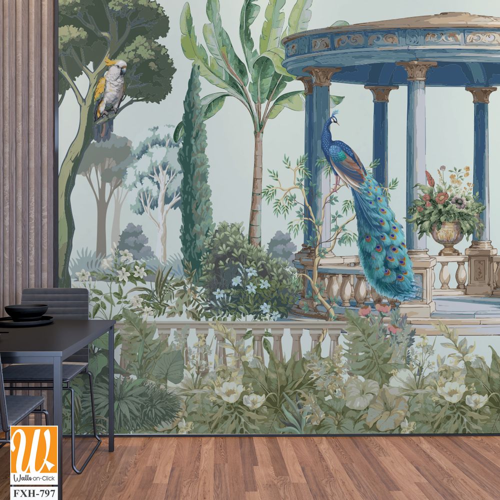 Vintage classical Roman ruins with garden, peacock, parrot, botanical tree and flower seamless pattern illustration [WP-FXH-797]
