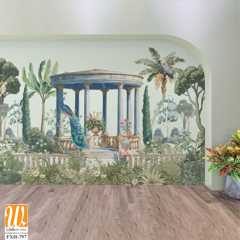 Vintage classical Roman ruins with garden, peacock, parrot, botanical tree and flower seamless pattern illustration [WP-FXH-797]