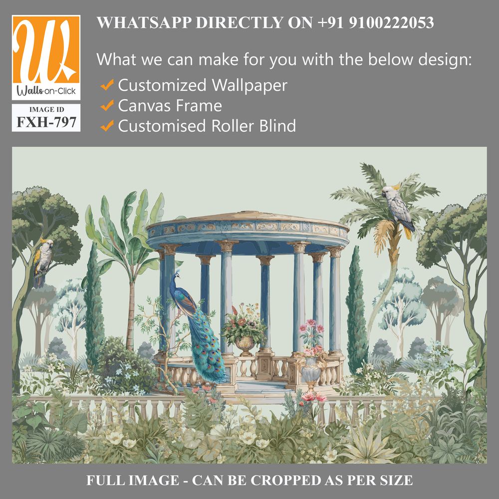 Vintage classical Roman ruins with garden, peacock, parrot, botanical tree and flower seamless pattern illustration [WP-FXH-797]