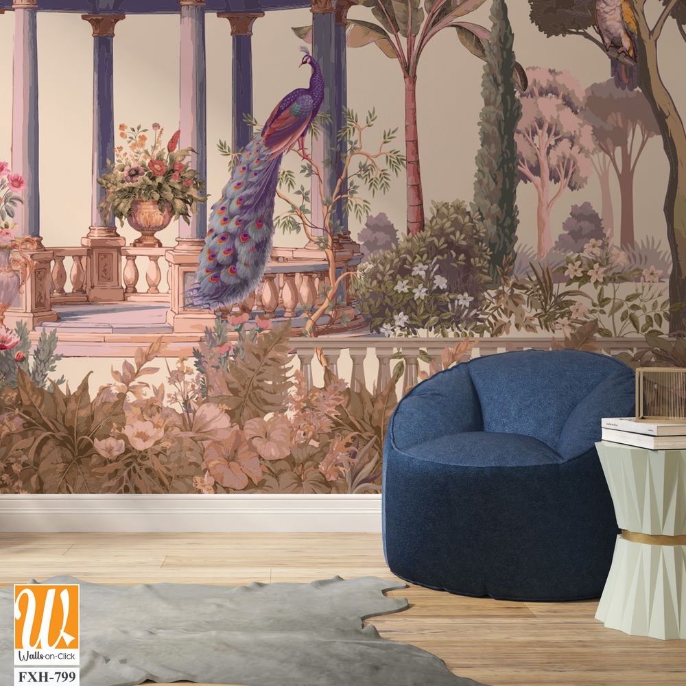 Vintage classical Roman ruins with garden, peacock, parrot, botanical tree and flower seamless pattern [WP-FXH-799]
