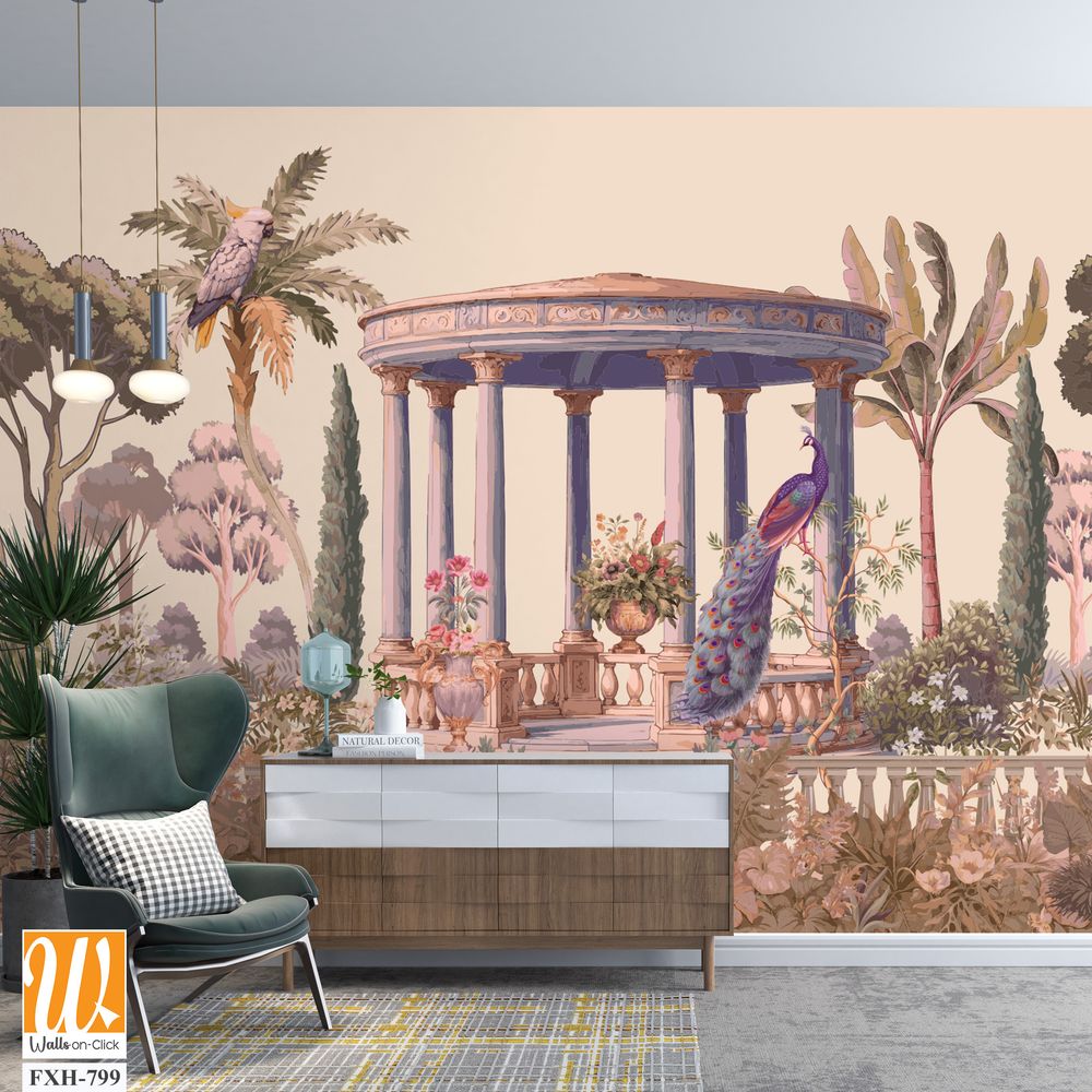 Vintage classical Roman ruins with garden, peacock, parrot, botanical tree and flower seamless pattern [WP-FXH-799]