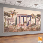 Vintage classical Roman ruins with garden, peacock, parrot, botanical tree and flower seamless pattern [WP-FXH-799]