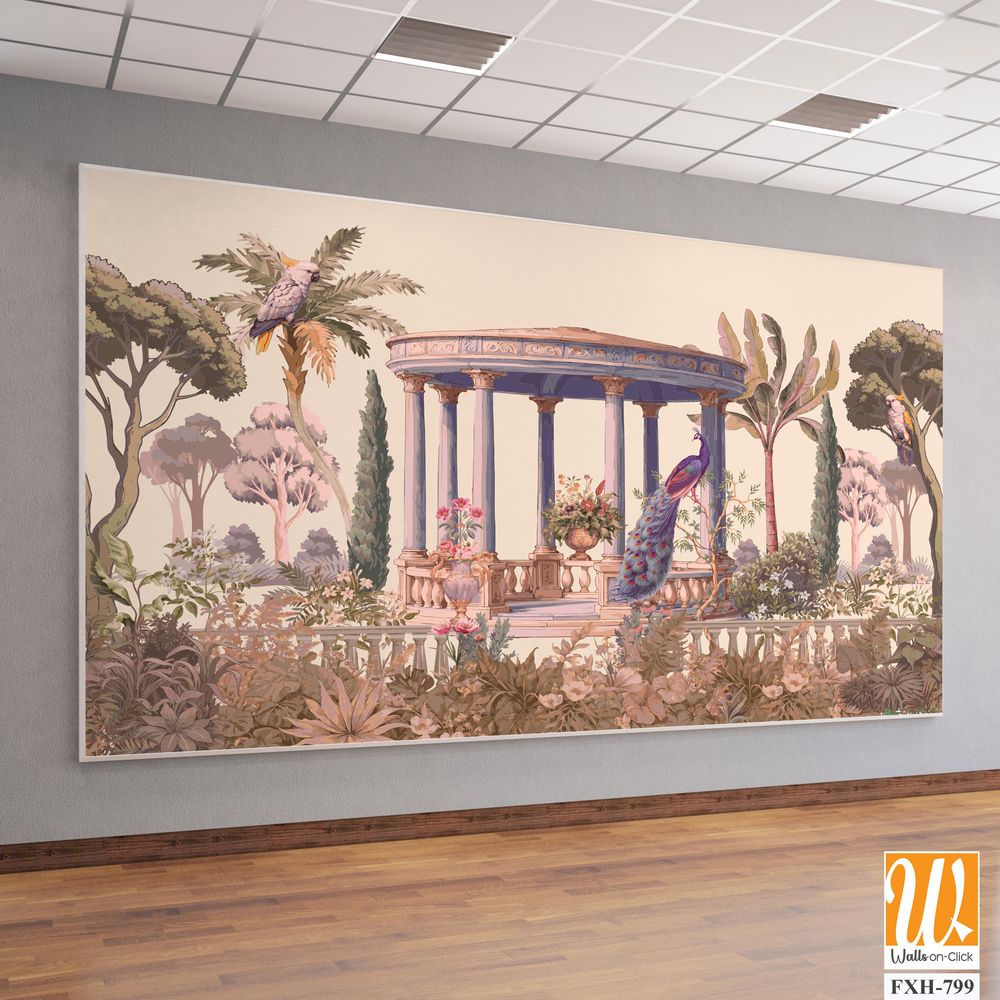 Vintage classical Roman ruins with garden, peacock, parrot, botanical tree and flower seamless pattern [WP-FXH-799]
