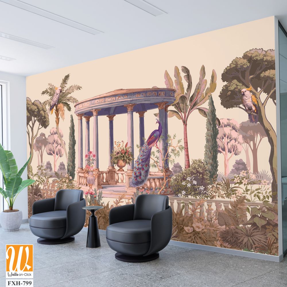 Vintage classical Roman ruins with garden, peacock, parrot, botanical tree and flower seamless pattern [WP-FXH-799]