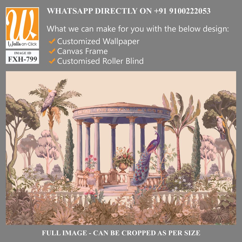 Vintage classical Roman ruins with garden, peacock, parrot, botanical tree and flower seamless pattern [WP-FXH-799]