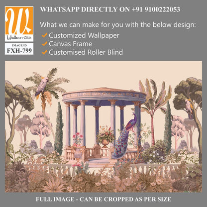 Vintage classical Roman ruins with garden, peacock, parrot, botanical tree and flower seamless pattern [WP-FXH-799]