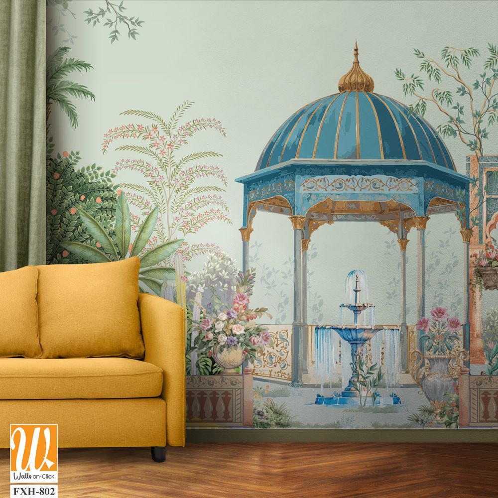 Persian garden with temple dome, peacock, fountain, palm tree, flower vase, cactus seamless pattern illustration [WP-FXH-802]