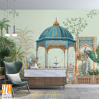 Persian garden with temple dome, peacock, fountain, palm tree, flower vase, cactus seamless pattern illustration [WP-FXH-802]