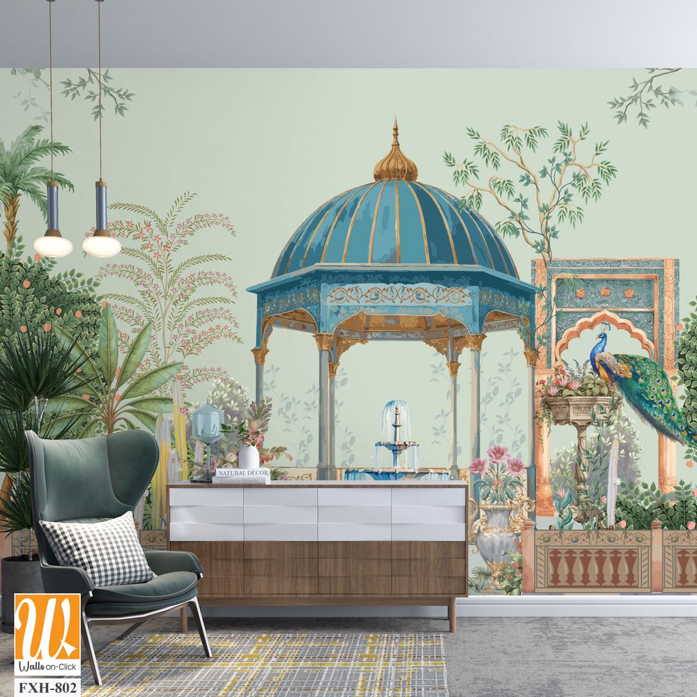 Persian garden with temple dome, peacock, fountain, palm tree, flower vase, cactus seamless pattern illustration [WP-FXH-802]