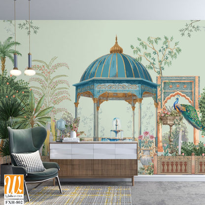 Persian garden with temple dome, peacock, fountain, palm tree, flower vase, cactus seamless pattern illustration [WP-FXH-802]