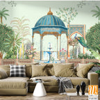 Persian garden with temple dome, peacock, fountain, palm tree, flower vase, cactus seamless pattern illustration [WP-FXH-802]