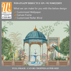 Persian garden with temple dome, peacock, fountain, palm tree, flower vase, cactus seamless pattern illustration [WP-FXH-802]