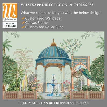 Persian garden with temple dome, peacock, fountain, palm tree, flower vase, cactus seamless pattern illustration [WP-FXH-802]