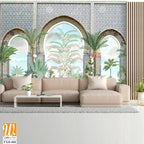 Moroccan wall Mural, Moroccan arch with garden Illustration. [WP-FXH-808]
