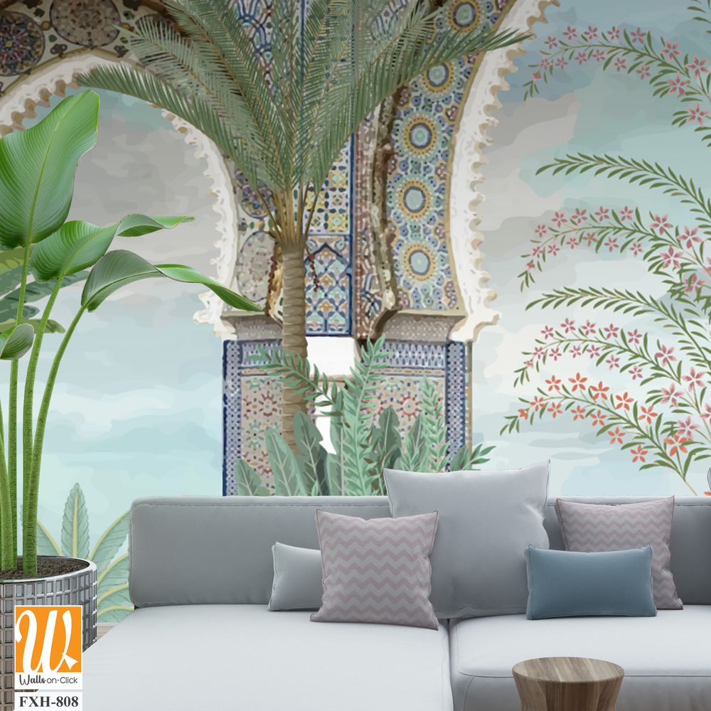 Moroccan wall Mural, Moroccan arch with garden Illustration. [WP-FXH-808]