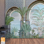 Moroccan wall Mural, Moroccan arch with garden Illustration. [WP-FXH-808]