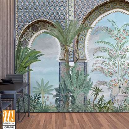 Moroccan wall Mural, Moroccan arch with garden Illustration. [WP-FXH-808]