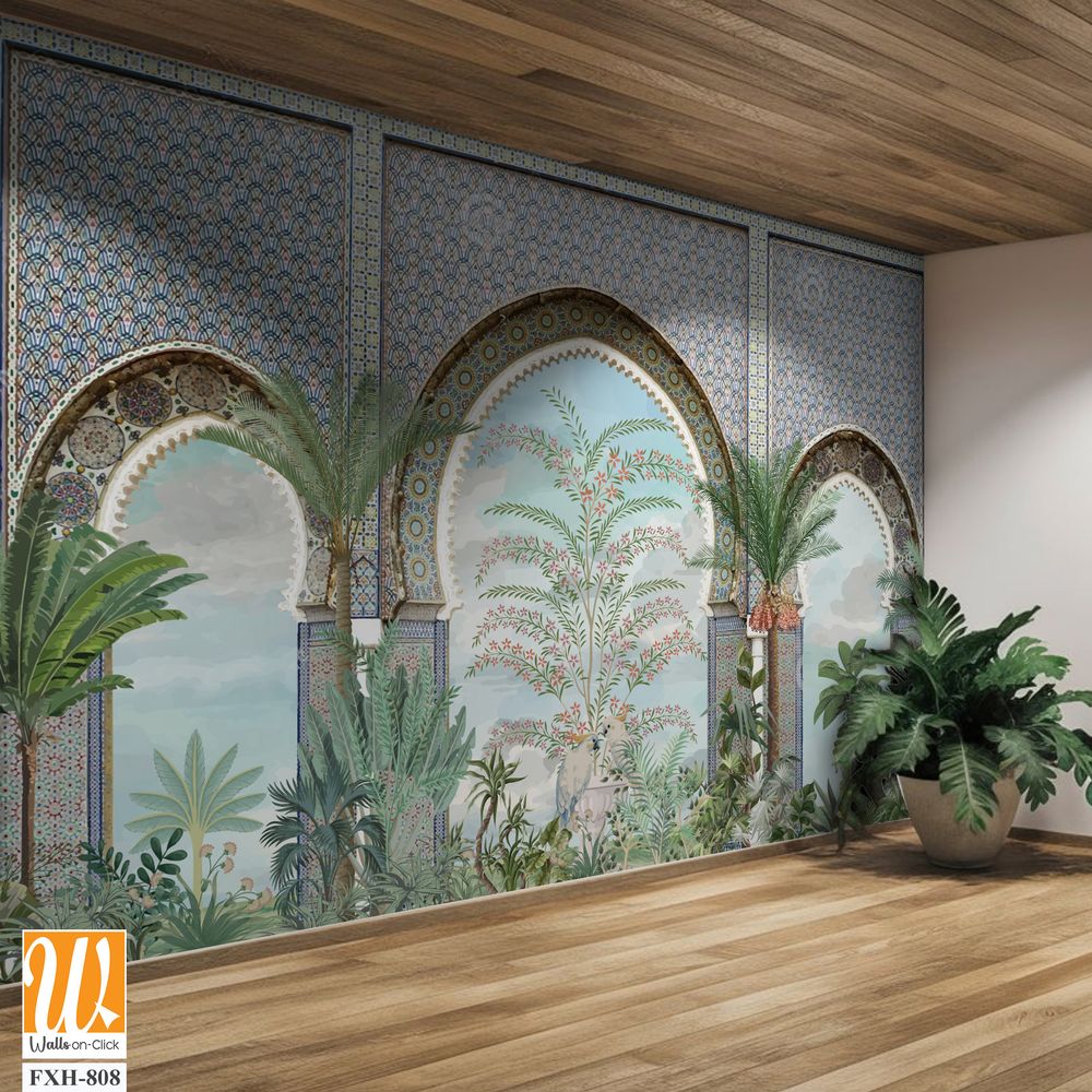 Moroccan wall Mural, Moroccan arch with garden Illustration. [WP-FXH-808]