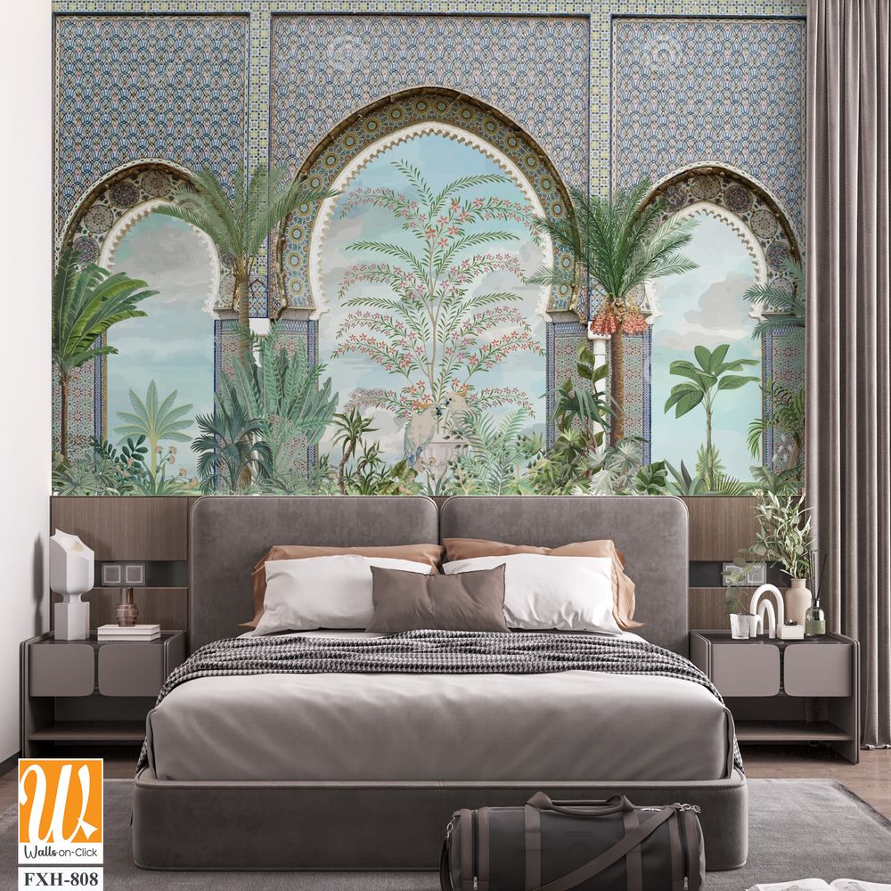 Moroccan wall Mural, Moroccan arch with garden Illustration. [WP-FXH-808]