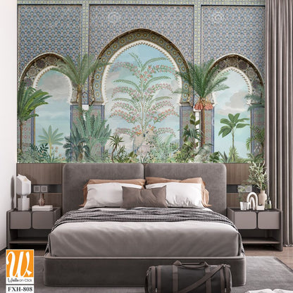 Moroccan wall Mural, Moroccan arch with garden Illustration. [WP-FXH-808]