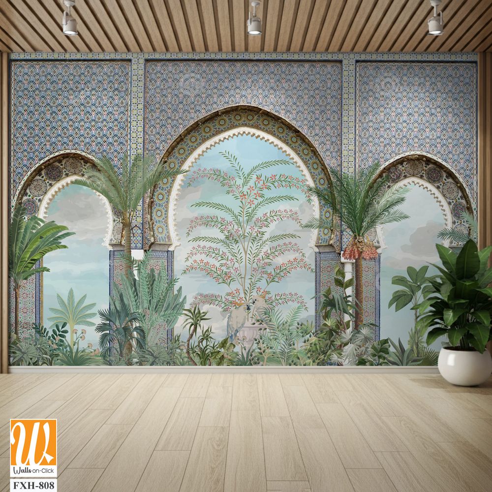 Moroccan wall Mural, Moroccan arch with garden Illustration. [WP-FXH-808]
