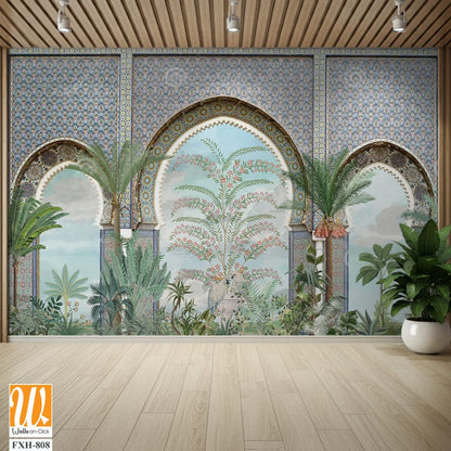Moroccan wall Mural, Moroccan arch with garden Illustration. [WP-FXH-808]