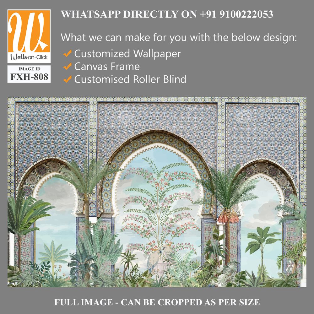 Moroccan wall Mural, Moroccan arch with garden Illustration. [WP-FXH-808]