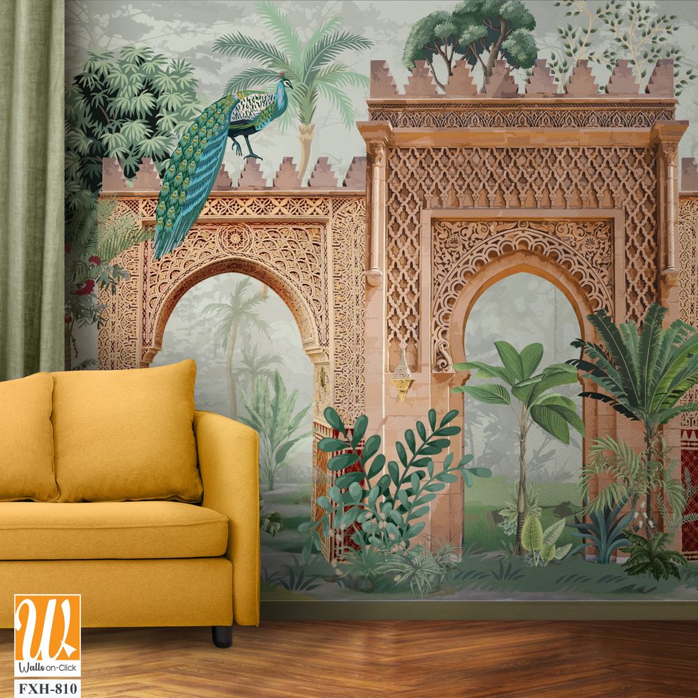 Traditional Mughal Garden Wall Illustration, Mughal Garden, Peacock, Watercolor Background. [WP-FXH-810]